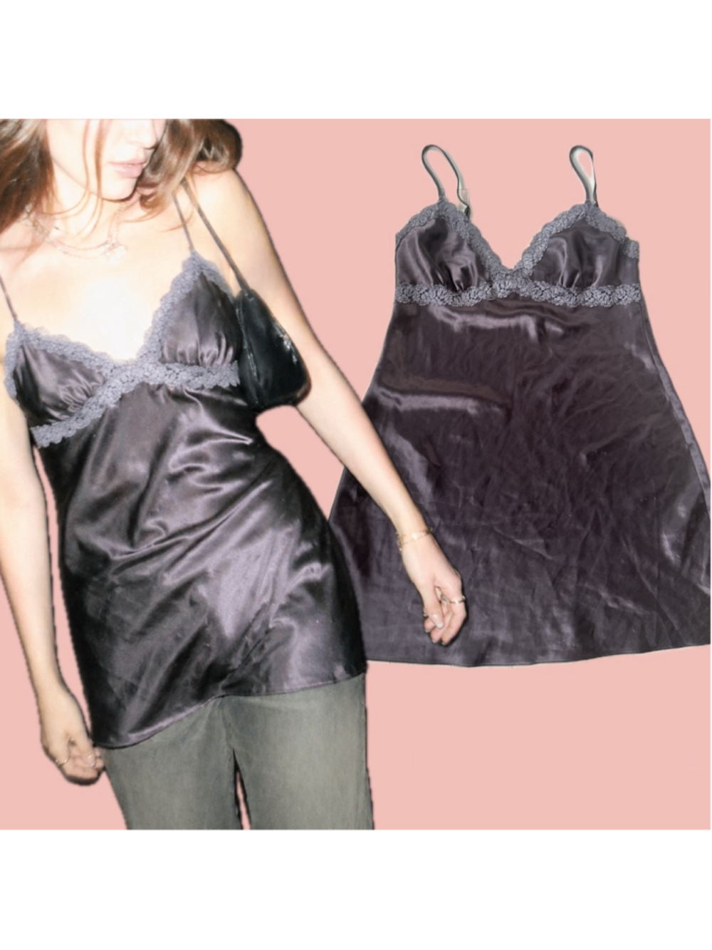 Vintage La Senza Satin Slip Dress M Brown Lace Trim Y2K Babydoll